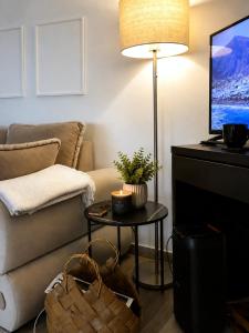 a living room with a couch and a tv and a table at Villa Conceptt casa in Jasenak