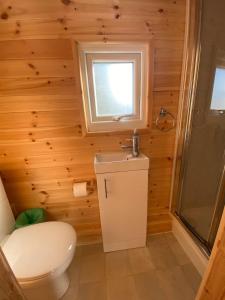 a bathroom with a toilet and a window at Kelp Drift, Coastal Pod, near Oldshoremore Beach in Rhiconich