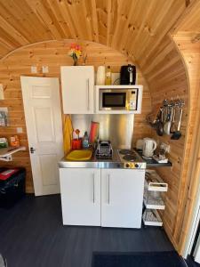 a kitchen with a stove and microwave in a cabin at Kelp Drift, Coastal Pod, near Oldshoremore Beach in Rhiconich