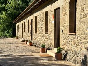 a stone building with potted plants on the side of it at Apartamentos El Escondite de Pedro Malillo in Candeleda
