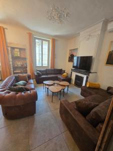 a large living room with couches and a fireplace at Cocon des Arènes Nîmes Centre 18 couchages in Nîmes