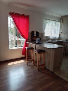 a kitchen with a counter and a red curtain at Stay with Tayo in Kempton Park +2 photos