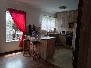 a kitchen with a counter and a red curtain at Stay with Tayo in Kempton Park