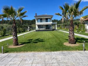 a house with two palm trees in the yard at Villa Olivia Skioni in Nea Skioni