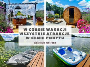 eine Fotocollage mit einem Boot und einem Pavillon in der Unterkunft Gackowo - teren rekreacyjny nad jeziorem in Ostróda