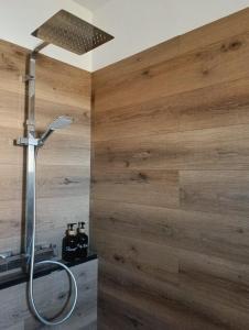 a shower in a bathroom with a wooden wall at L'Orée du Bois in Pulnoy