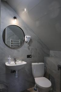 a bathroom with a toilet and a sink and a mirror at Рандеву in Mykulychyn +42 photos