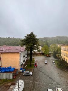 a view of a parking lot with cars parked at Hotel okriba in Tqibuli