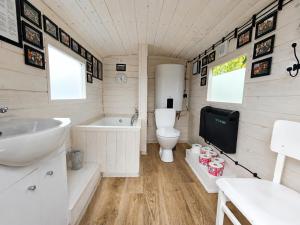 a bathroom with a sink and a toilet and a tv at Andělka maringotka in Humpolec