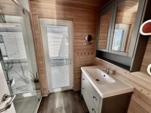 a bathroom with a sink and a shower and a mirror at Hausboot Fehmarn in Fehmarn +18 photos