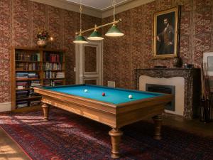 a billiard table in a living room with a fireplace at Private Château with sauna, hot tub & 4ha park - Château Guillermo in La Moncelle