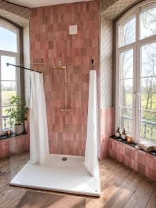 a bathroom with a shower with a shower curtain at Private Château with sauna, hot tub & 4ha park - Château Guillermo in La Moncelle +37 photos