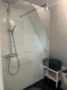 a shower in a bathroom with a glass wall at Moderne 4-Zimmer Wohnung in Wernau +23 photos