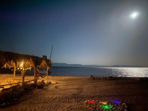 a beach with a tent and the ocean at night at Galuma magbul camp in Dahab