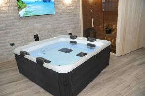 a hot tub in a room with a tv on a wall at Villa Lapis in Mostar