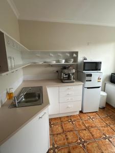 a small kitchen with a sink and a stove at Cozy Curtin Cottage in Lyons
