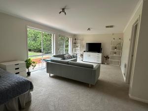 a living room with a couch and a television at Cozy Curtin Cottage in Lyons