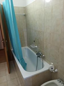 a bath tub with a blue shower curtain in a bathroom at Carpineti Republic in Monterone +14 photos