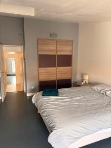 a bedroom with a large bed with a blue bag on it at Maison Spacieuse 3 chambres, billard, proche Zénith, in Pérignat-lès-Sarliève