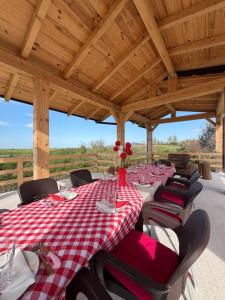 a group of tables with red and white checkered table cloth at Bukuria e Fjerinës in Ulcinj