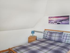 a bedroom with a bed with a blue plaid pillow at Old Barn Cottage - Uk47144 in Glasgow
