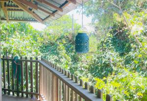 a garden with a green bucket hanging from a fence at Cedar Loft in Las Pilas +5 photos