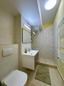 a bathroom with a white toilet and a sink at C&Y Zev Apartments in Mamaia