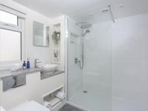 a white bathroom with a shower and a sink at Little Dunley Cottages - Willow in Bovey Tracey +3 photos