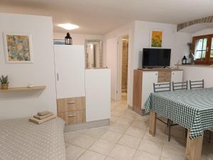 a kitchen and living room with a table and a tv at Apartment Filipas in Cres