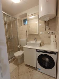 a bathroom with a toilet and a washing machine at Apartment Filipas in Cres +67 photos