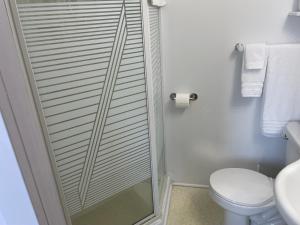 a bathroom with a toilet and a glass shower door at Au coq du bonheur in Magog-Orford +25 photos