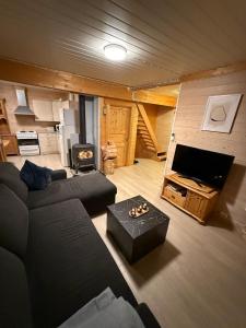 a living room with a couch and a tv at Hytta Kilpisjärvi in Kilpisjärvi