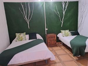 two beds in a room with green walls at El Rincón de Cabañeros in Retuerta de Bullaque +33 photos