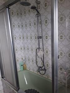 a shower in a bathroom with a green bath tub at Alojamiento Chavella in Oia +21 photos