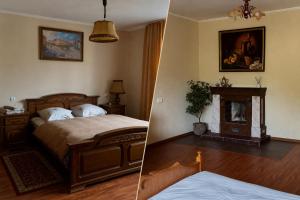 two pictures of a bedroom with a bed and a fireplace at Вілла де Кампо in Chynadiyovo