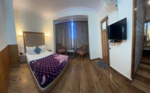 a bedroom with a bed and a flat screen tv at Hotel Lords Regency - Connected to the Mall Road in Shimla