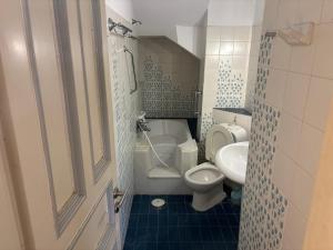 a small bathroom with a toilet and a sink at Villa Marco Polo in Agia Marina