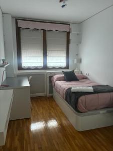 a bedroom with a bed and a desk and a window at La Nala in Villaviciosa