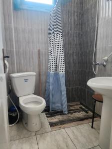 a bathroom with a toilet and a sink at Location saisonnière entre mer, forêt et calme in Raʼs al Jabal +8 photos