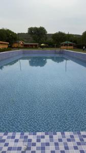 a large swimming pool with blue tiles on the ground at Drona Farms in Bhundsi