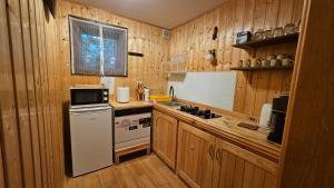 a kitchen with wooden walls and a stove and a refrigerator at Nad Lipcykiem in Nowy Gaj