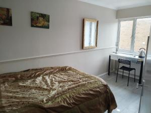 a bedroom with a bed and a desk and a mirror at Murston Double Room in Kent