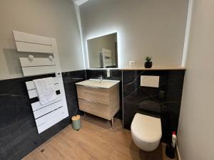 a bathroom with a sink and a toilet and a mirror at L'Orée Lodge in Montcornet