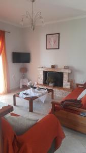 a living room with a couch and a fireplace at Βίλλα Αντρέας in Karavomylos