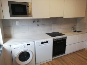 a kitchen with a washing machine and a microwave at Atalaia Garden House in Giz