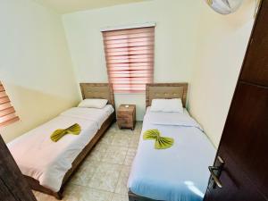 two beds in a small room with a window at Jadara view in Irbid +10 photos