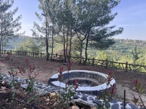 a fire pit in a yard with trees and a fence at Horizon Pines in Al Qbayyāt