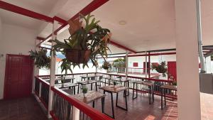 a restaurant with tables and a potted plant on a balcony at El Portón de Salento in Salento +29 photos