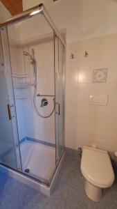 a bathroom with a toilet and a glass shower at B&B Hannelore in Vilminore