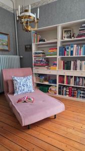 a pink couch in front of a book shelf with books at Bolmen Bed - Vandrarhem in Ljungby +25 photos